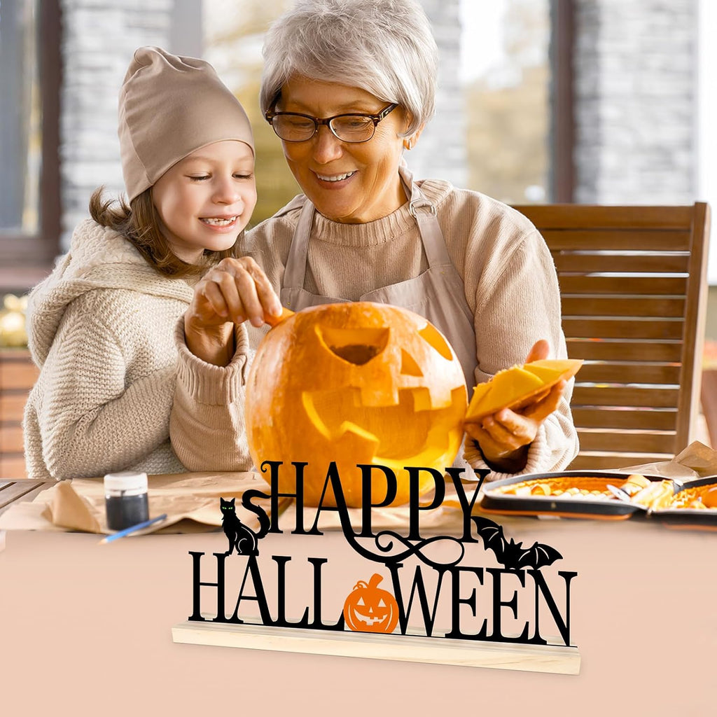 Metal Happy Halloween Sign, Black Halloween Decorations for Home, Office, Shelf, Mantel, Indoor, Jack-O-Lantern Decoration, Spooky Cat Bat Decor (Halloween)