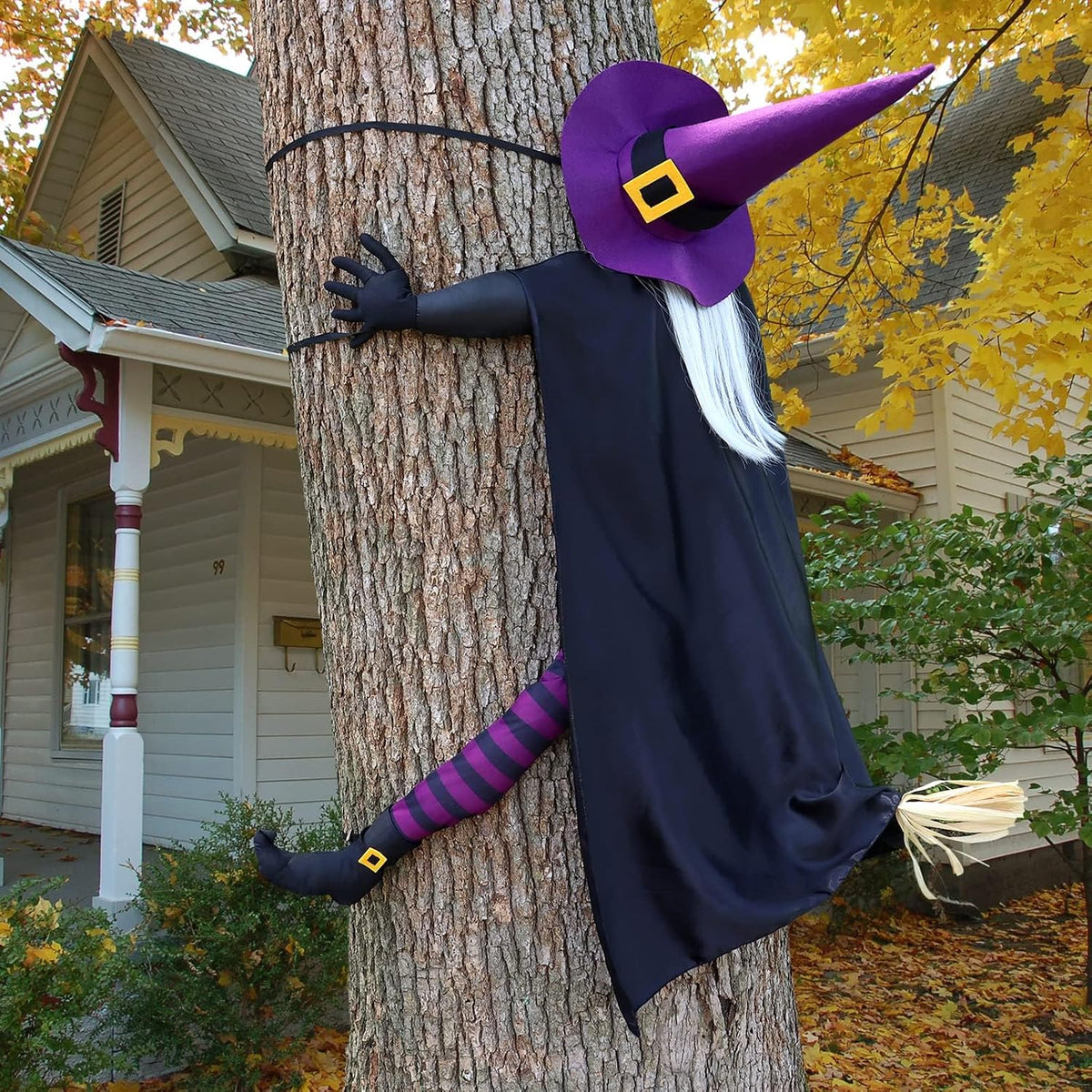 Halloween Decorations Outdoor 57" Crashing Witch into Tree Decor | Life Size Flying Witch on Broom for outside Yard Porch Door Tree Prop, Funny Halloween Witch Hitting Tree Decorations