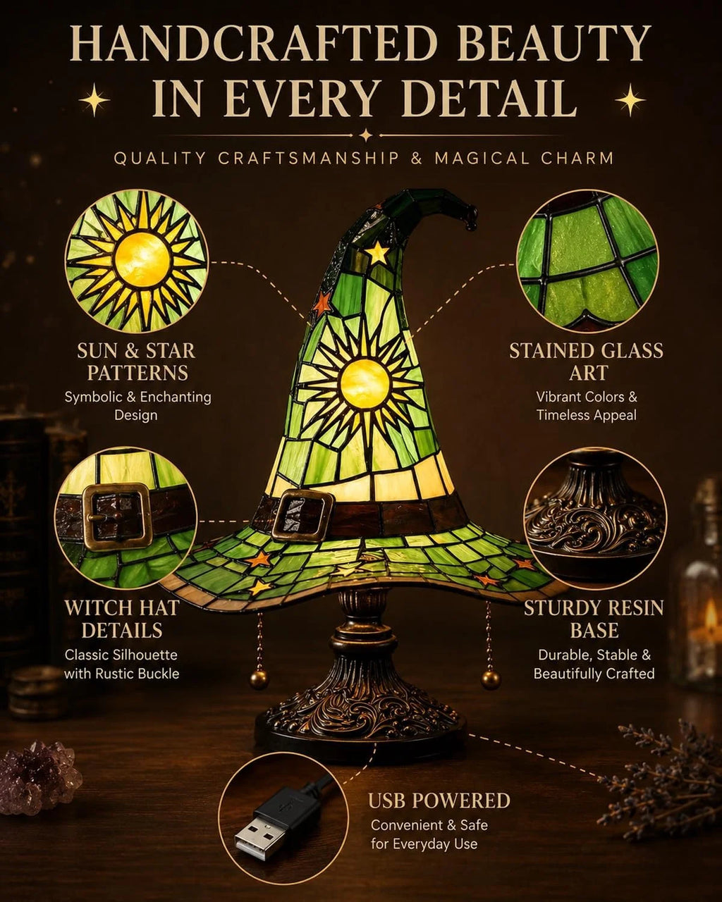 Clearance Witch Hat Lamp Halloween Decorations under 20 Gifts Stained Glass like Gothic Lamp Gothic Home Decor Accent Bedroom Bookshelf Mystical Gifts Glow Dark Figurine Ambiance