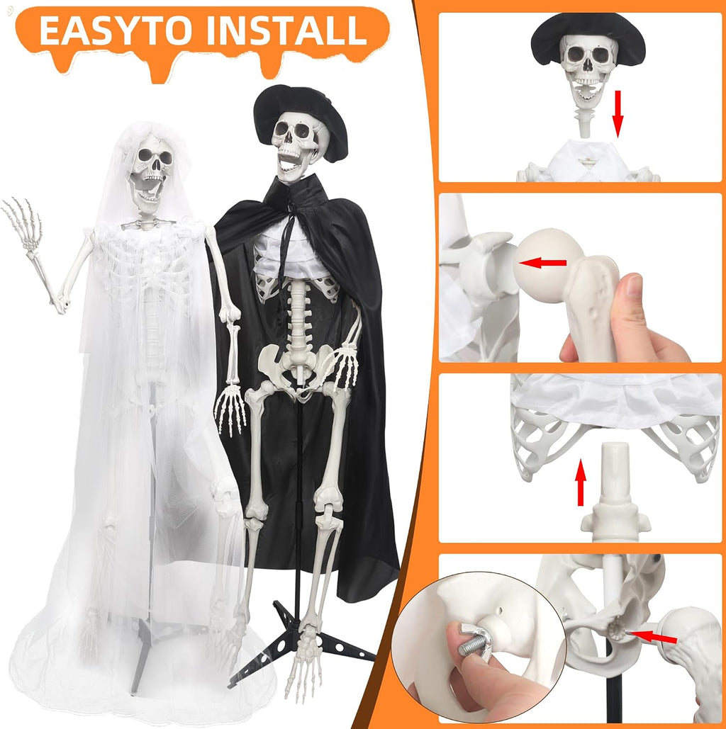 2Pack 5.4Ft Halloween Skeletons Bride and Groom with Stand Life Size Skeletons Full Body Plastic Human Bones for Halloween Decorations
