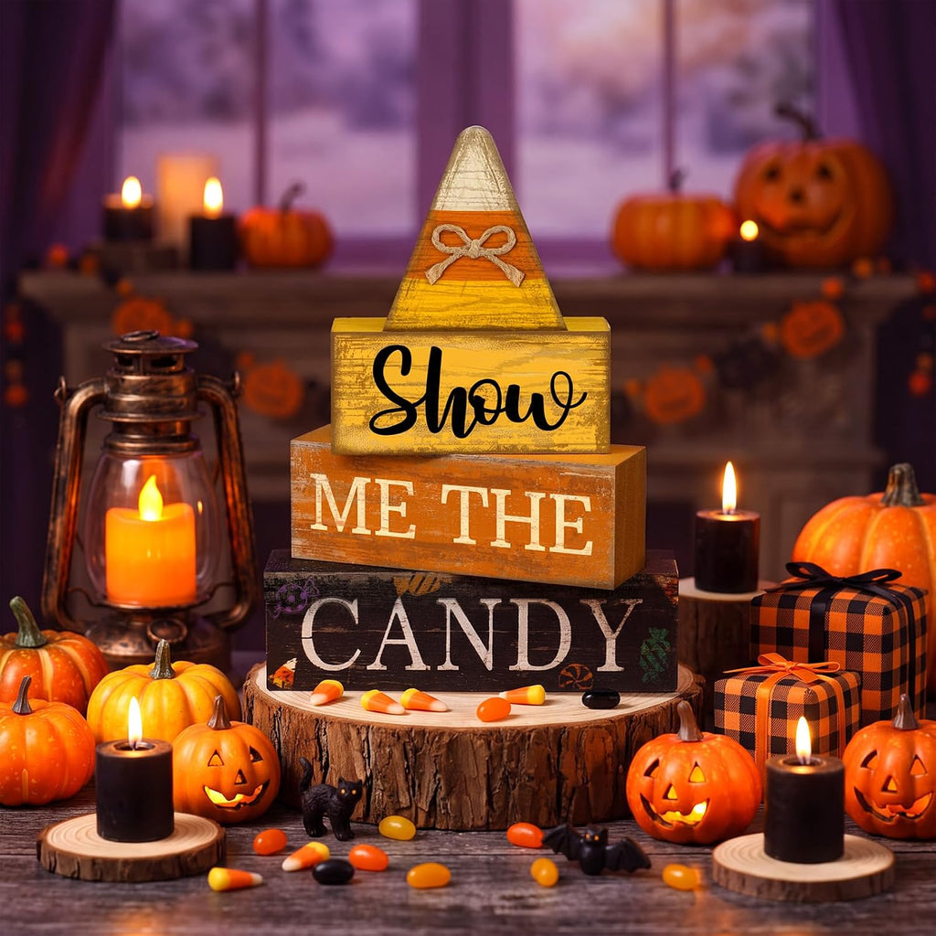 4 Pcs Halloween Table Decoration Candy Corn Wooden Stacked Block, "Show Me the Candy" Signs with Candys Corn Topper, Halloween Tiered Tray Decor Rustic Fall Decor for Home Office Kitchen