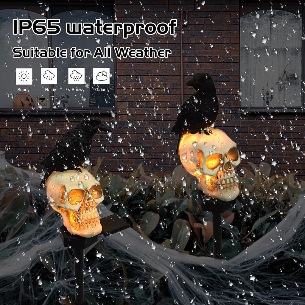 Halloween Solar Pathway Lights - Solar Halloween Skull Stake Lights Decorations Outdoor - 2PCS Waterproof Resin Skeleton Crows Decor for outside Yard Garden Lawn