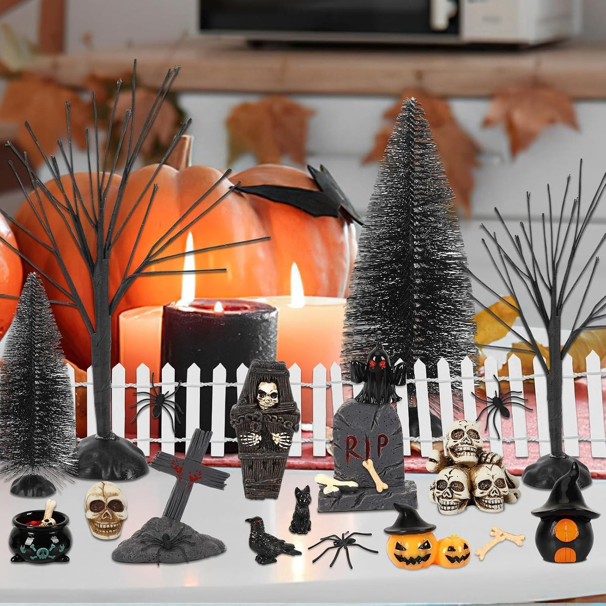 30 Pcs Halloween Village Ornaments Accessories Set, Halloween Haunted Houses Black Trees Mini Pumpkins Black Cat Crows Coffin Fake Bones Skeletons for Town Party Table Decorations