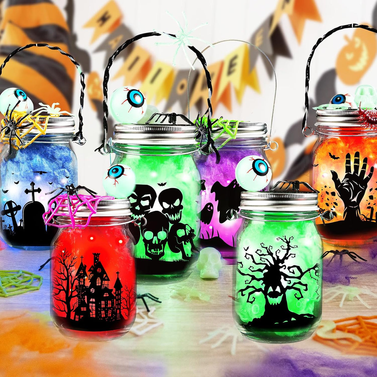 Halloween Craft Kit for Kids,8 Pcs Glass Mason Jar with Accessories for DIY Lantern Jar, Halloween Art & Craft Party Supplies, Halloween Art Activities, Crafts and Arts Party Supplies