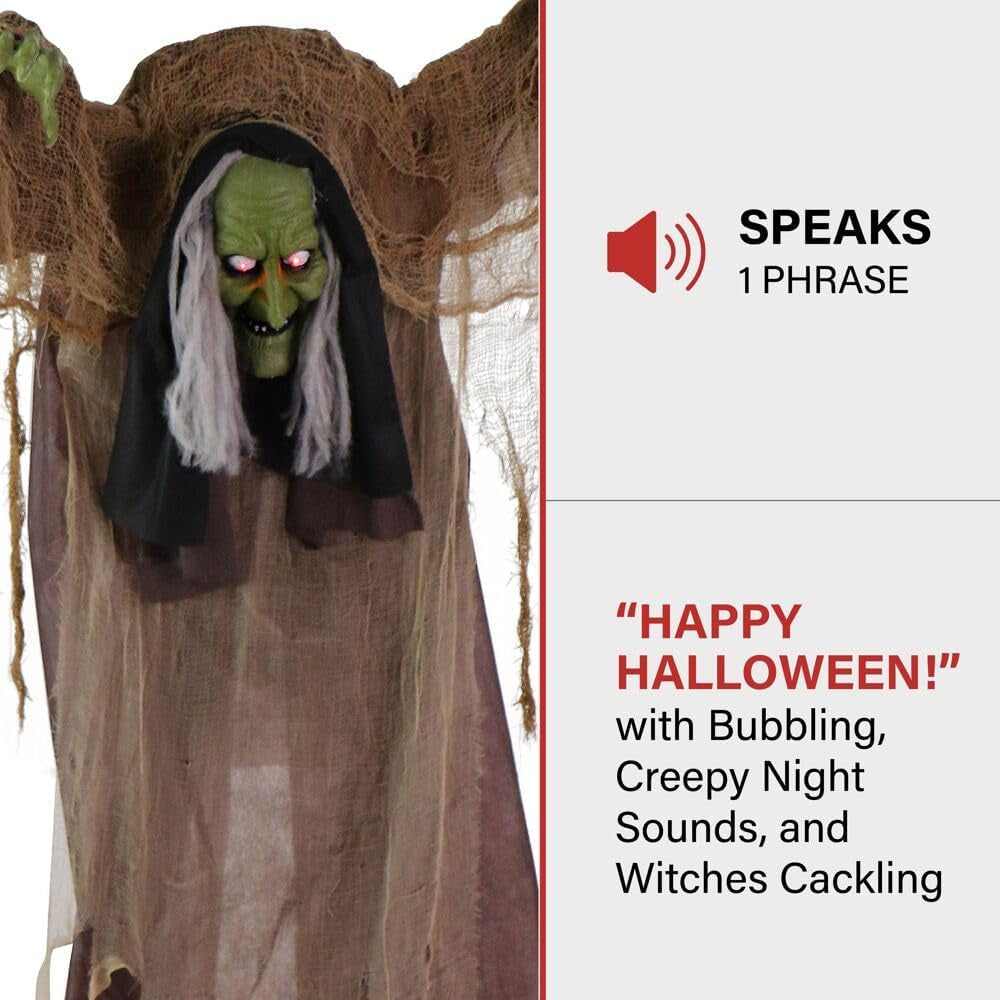 Talking Hunchback Witch, Halloween Animatronic with Movement and Lights for Battery Operated Scary Indoor or Covered Outdoor Halloween Decorations, Creepy Halloween Prop