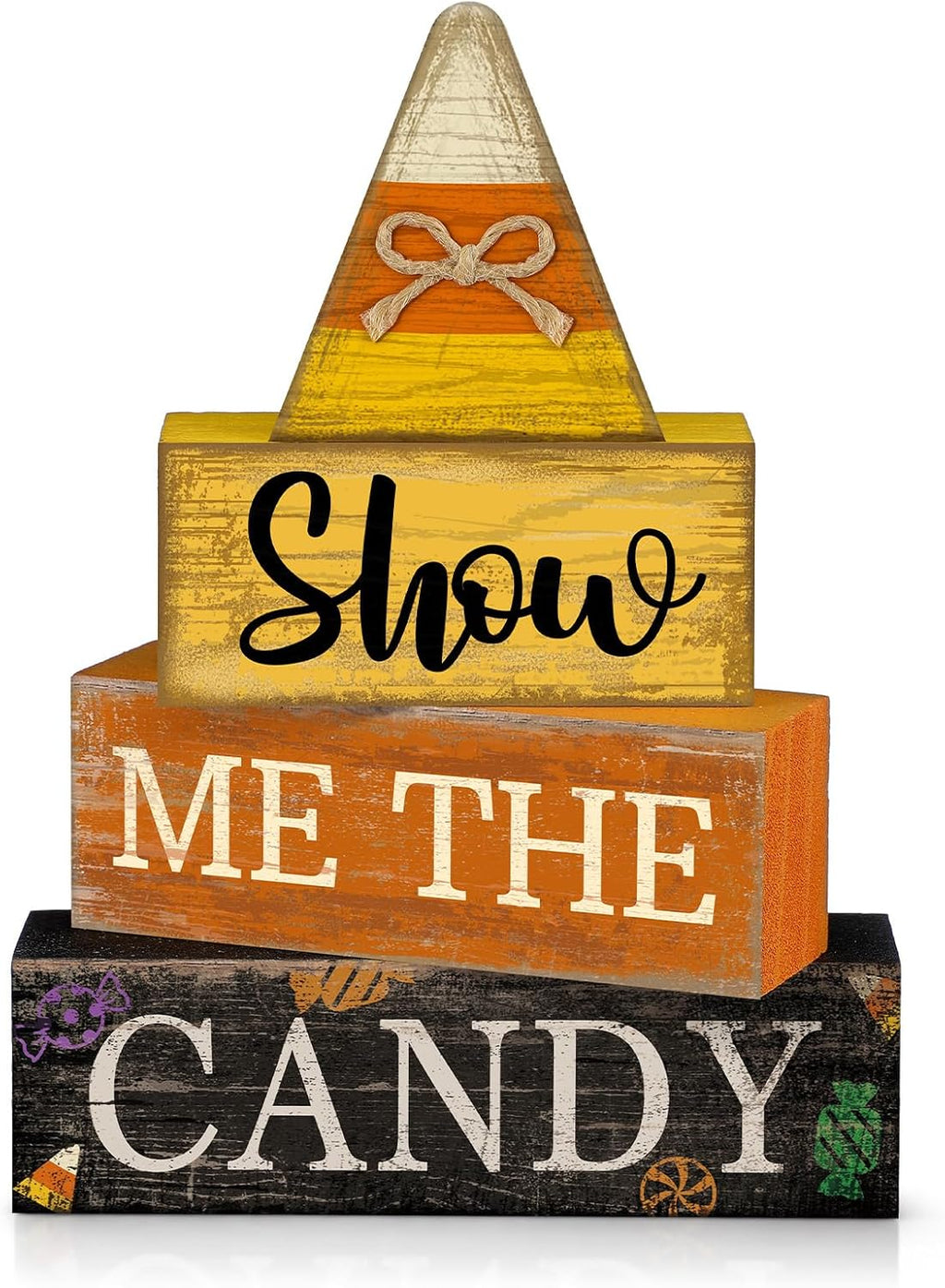 4 Pcs Halloween Table Decoration Candy Corn Wooden Stacked Block, "Show Me the Candy" Signs with Candys Corn Topper, Halloween Tiered Tray Decor Rustic Fall Decor for Home Office Kitchen