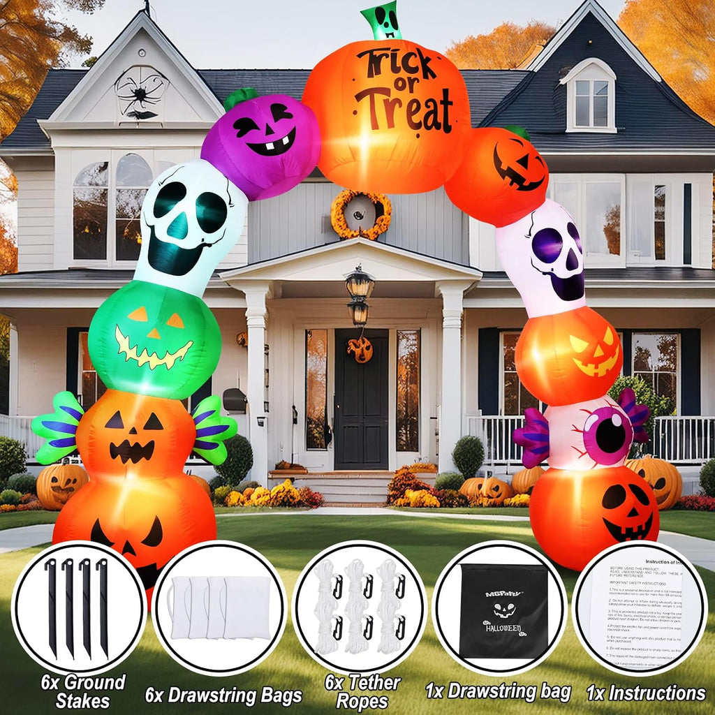 10FT Halloween Inflatable Pumpkin Skeleton Archway with LED Lights | Giant 10FT Design | Waterproof Polyester Fabric | Perfect for Outdoor Yard, Lawn & Halloween Party Decoration