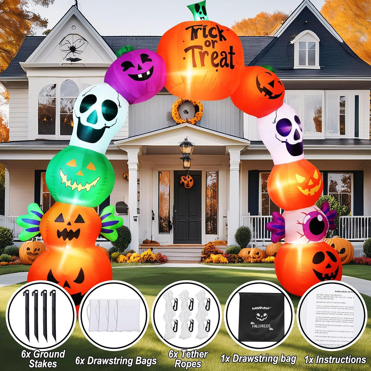 10FT Halloween Inflatable Pumpkin Skeleton Archway with LED Lights | Giant 10FT Design | Waterproof Polyester Fabric | Perfect for Outdoor Yard, Lawn & Halloween Party Decoration