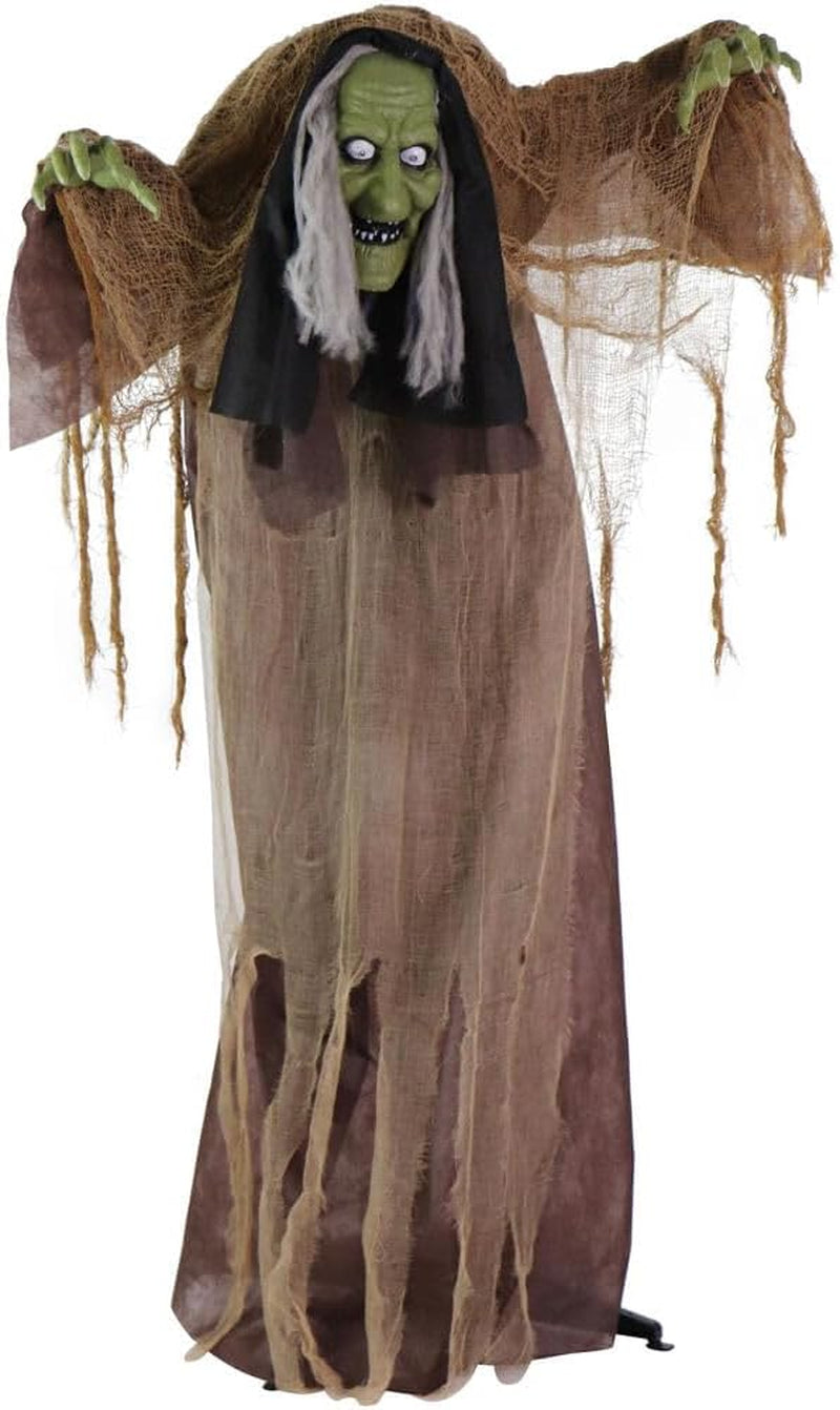 Talking Hunchback Witch, Halloween Animatronic with Movement and Lights for Battery Operated Scary Indoor or Covered Outdoor Halloween Decorations, Creepy Halloween Prop