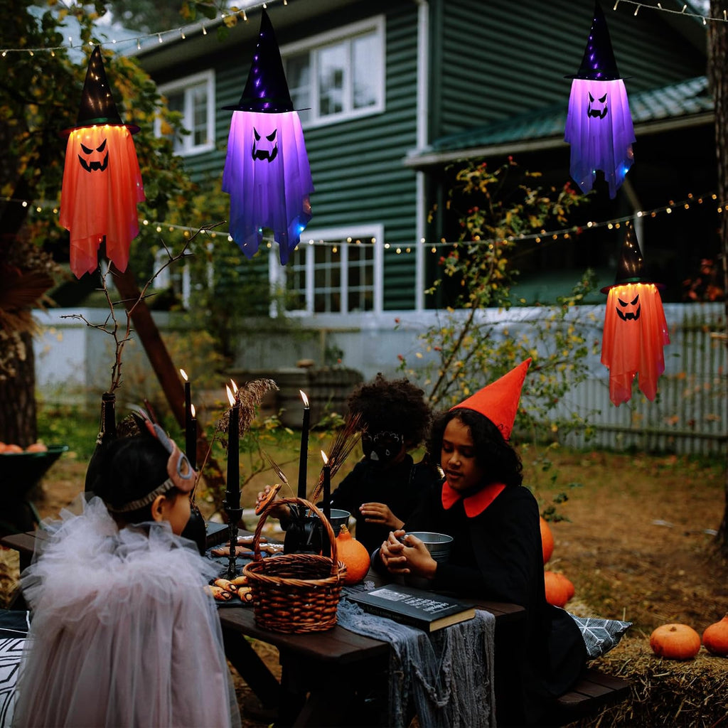 Halloween Decoration 2 Pcs Large Halloween Lighted Glowing Ghost Witch Hats, Hanging Ghost Ornaments for Indoor Outdoor Home, Garden, Tree, Yard Party Decor