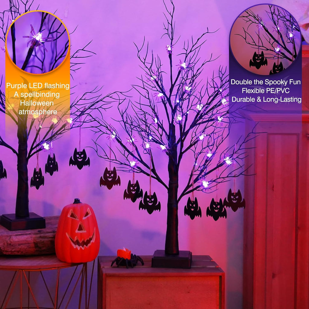 Black Halloween Spooky Trees - 2 Pack 2FT Halloween LED Light up Tree with 40 Spiders 12 Bats, Auto Timer, Battery/Usb Powered, Bendable Branches for Tabletop Indoor Outdoor Decor