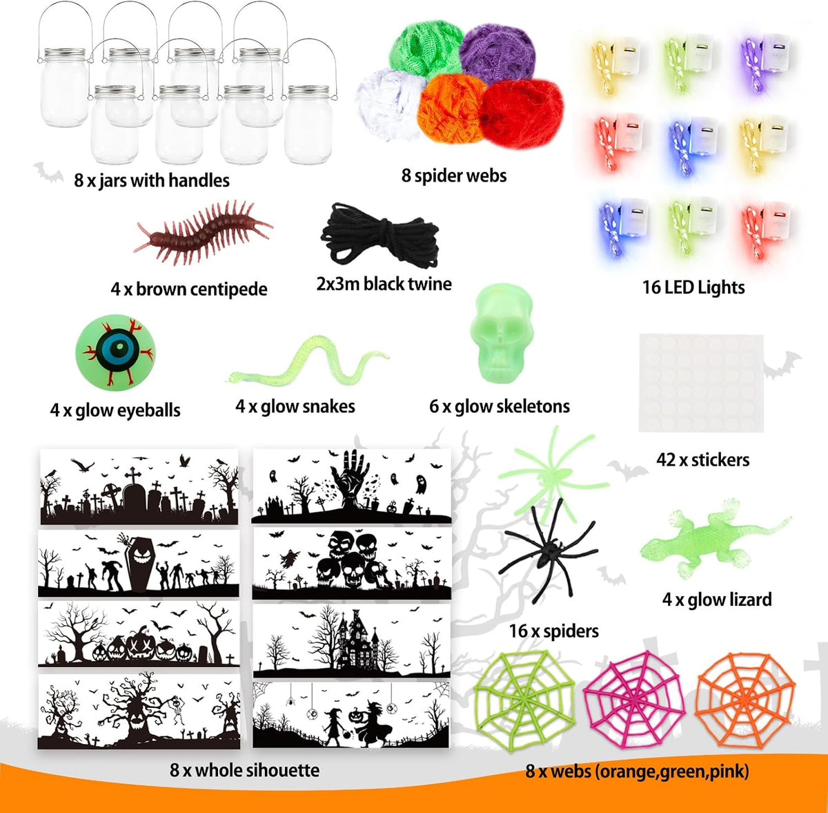 Halloween Craft Kit for Kids,8 Pcs Glass Mason Jar with Accessories for DIY Lantern Jar, Halloween Art & Craft Party Supplies, Halloween Art Activities, Crafts and Arts Party Supplies