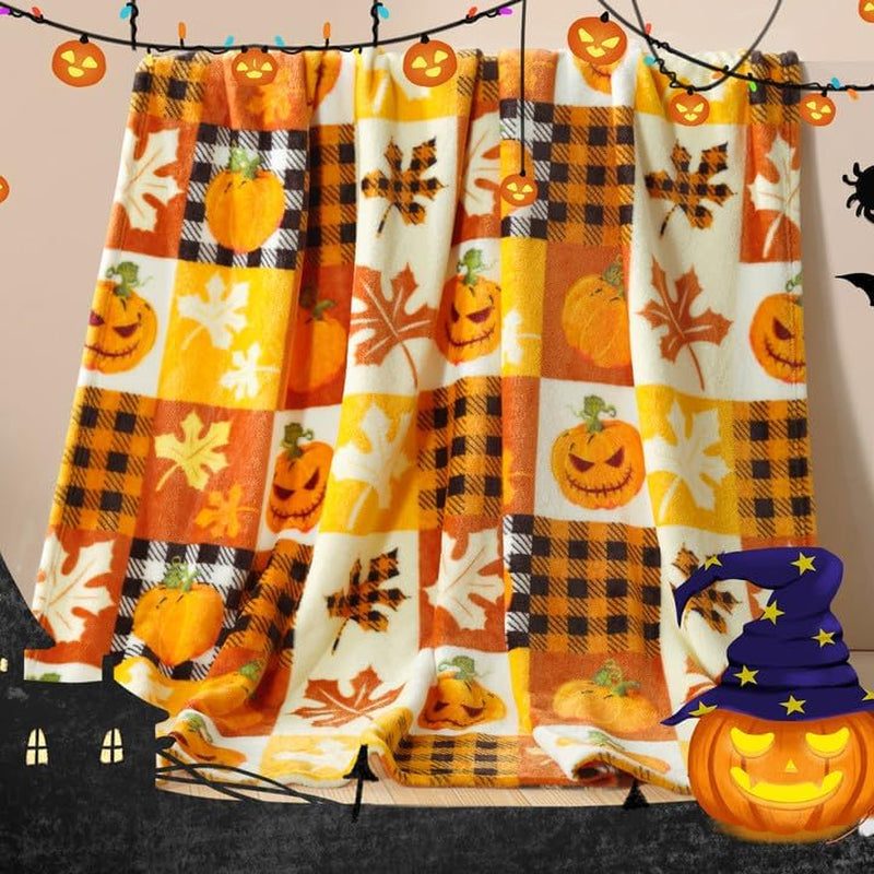 Halloween Fleece Throw Blanket, Pumpkin, Leaves Fall Plaid Blanket, Soft Fuzzy Plush for Couch Sofa or Bed, Luxury Flannel Lap Blanket, for Kids, Adults, Wife, Self (50" X 60")