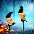 Halloween Solar Pathway Lights - Solar Halloween Skull Stake Lights Decorations Outdoor - 2PCS Waterproof Resin Skeleton Crows Decor for outside Yard Garden Lawn