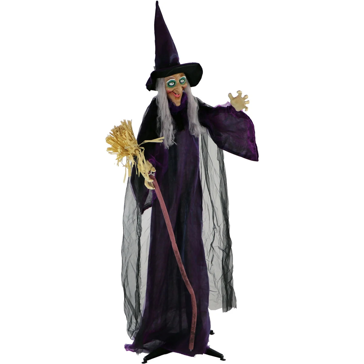 Life-Size Animated Talking Witch W/ Broomstick, 6 Ft Halloween Decoration