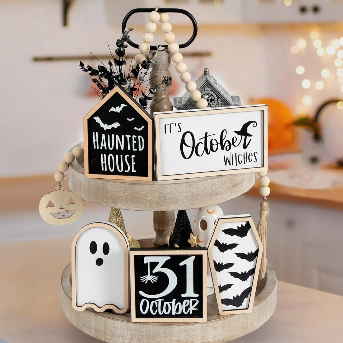 Halloween Decorations | 6PCS Halloween Tiered Tray Decor | Bat Coffin, Haunted House, Ghost, Witches, October 31 Sign, Bead Garland | Halloween Decor | Halloween Centerpiece for Table Shelf