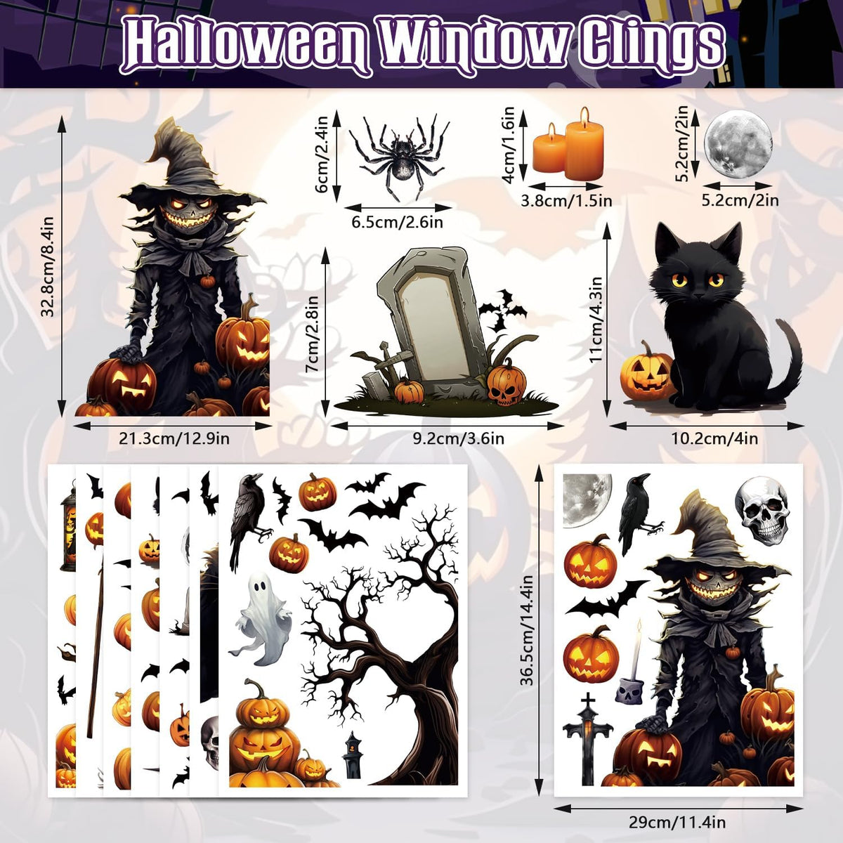 8 Sheets Halloween Window Clings, Scary Halloween Window Stickers Removable Double Sided Halloween Black Window Decals for Glass Window Halloween Decoration