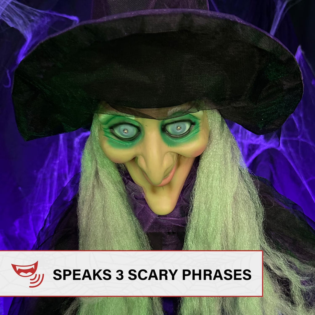 Life-Size Animated Talking Witch W/ Broomstick, 6 Ft Halloween Decoration