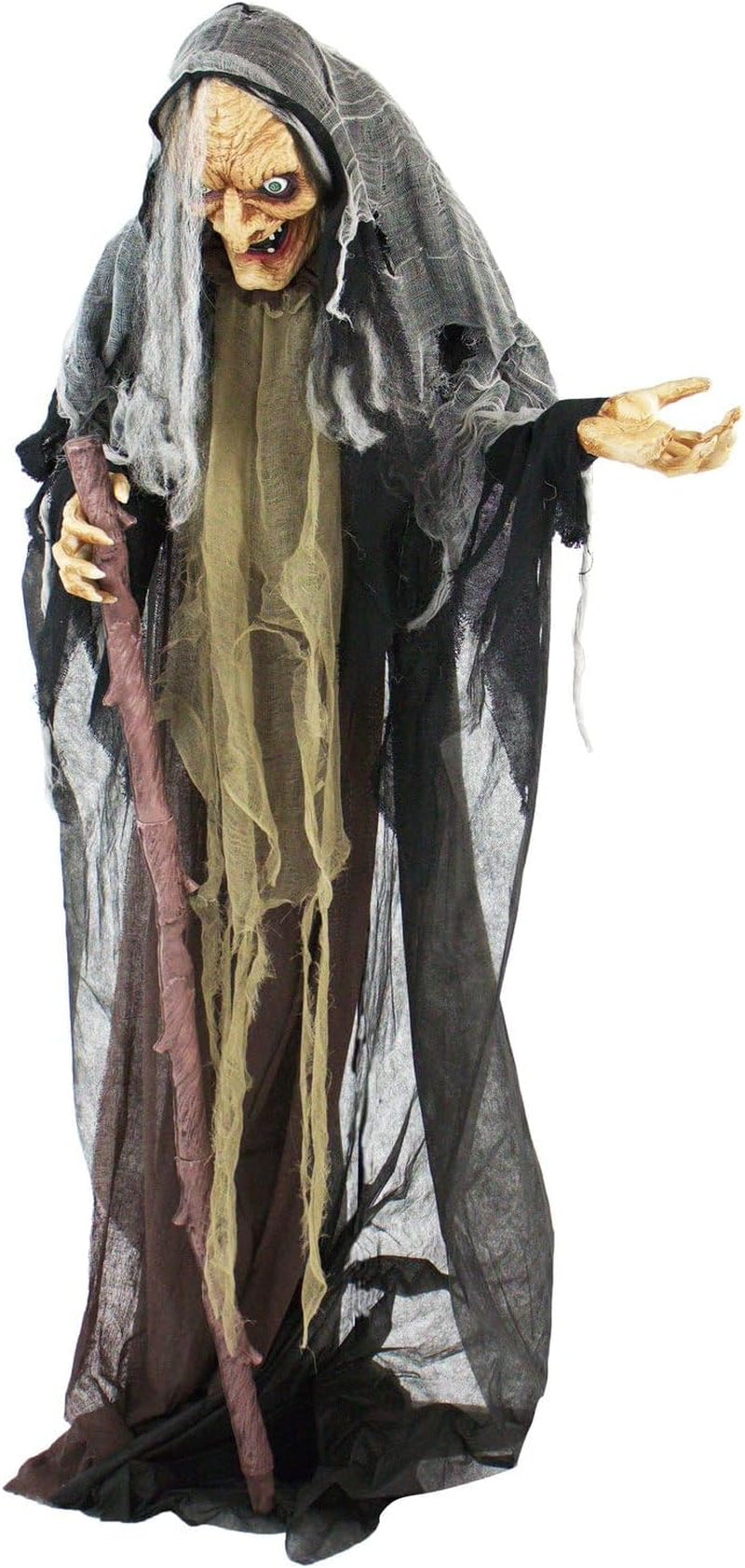 Life-Size Scary Poseable Talking Witch, Halloween Animatronic with Touch Activated Lights and Sound, Battery Operated Indoor or Covered Outdoor Halloween Decorations, Halloween Prop