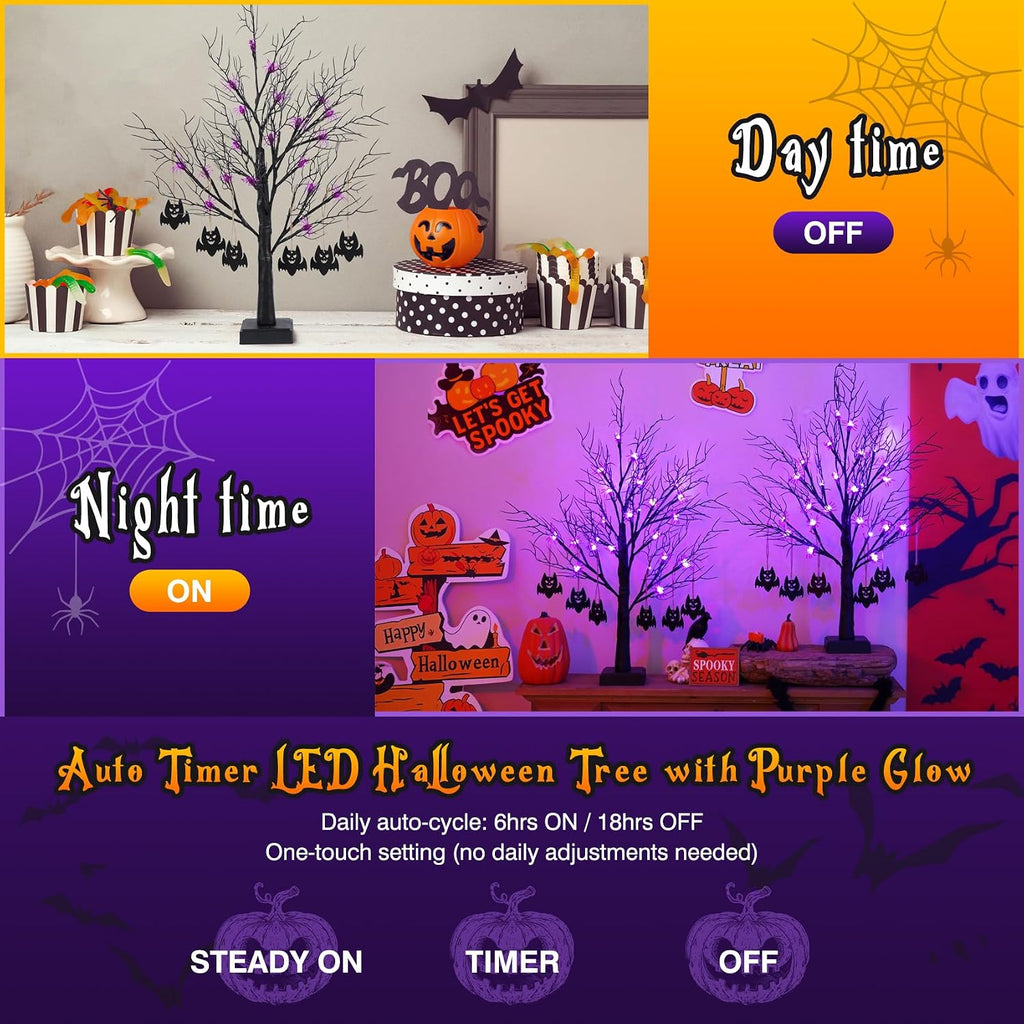 Black Halloween Spooky Trees - 2 Pack 2FT Halloween LED Light up Tree with 40 Spiders 12 Bats, Auto Timer, Battery/Usb Powered, Bendable Branches for Tabletop Indoor Outdoor Decor