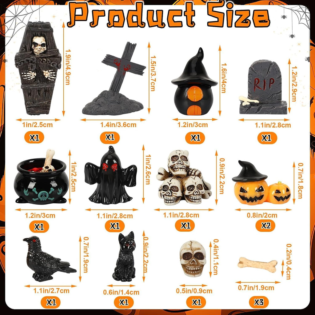 30 Pcs Halloween Village Ornaments Accessories Set, Halloween Haunted Houses Black Trees Mini Pumpkins Black Cat Crows Coffin Fake Bones Skeletons for Town Party Table Decorations