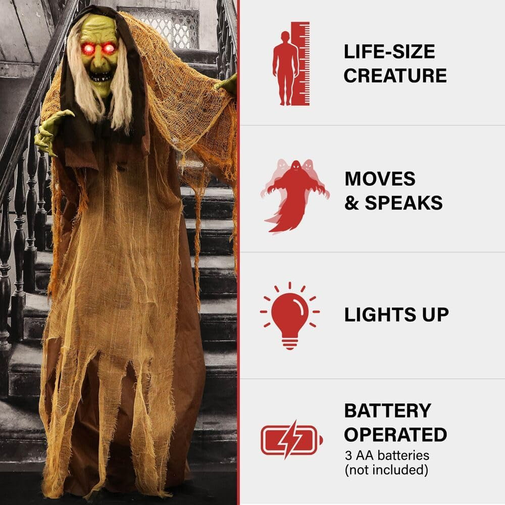 Talking Hunchback Witch, Halloween Animatronic with Movement and Lights for Battery Operated Scary Indoor or Covered Outdoor Halloween Decorations, Creepy Halloween Prop