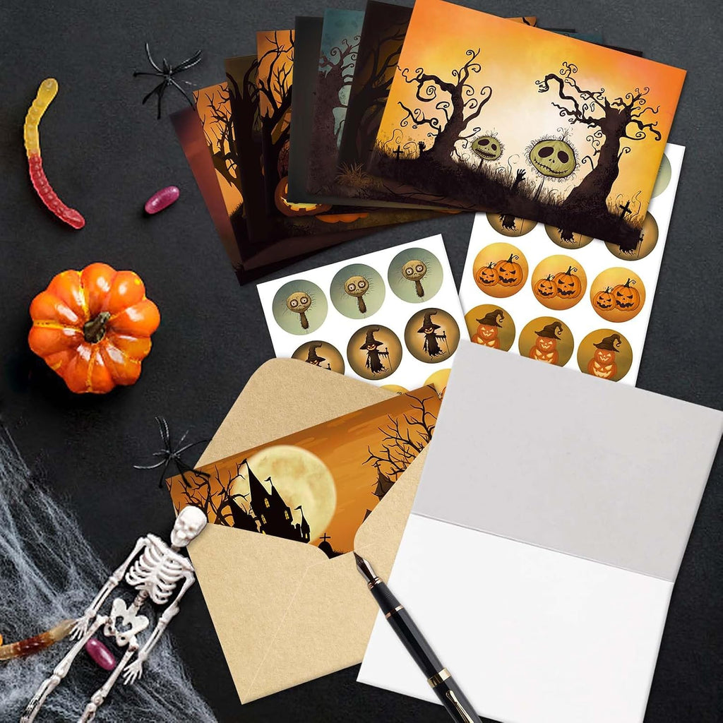 24 Pack Vintage Halloween Greeting Cards, Jack-O'-Lantern and Witch Halloween Cards, Artful Spooky Halloween Themed Card Set, 8 Designs Halloween Cards Bulk