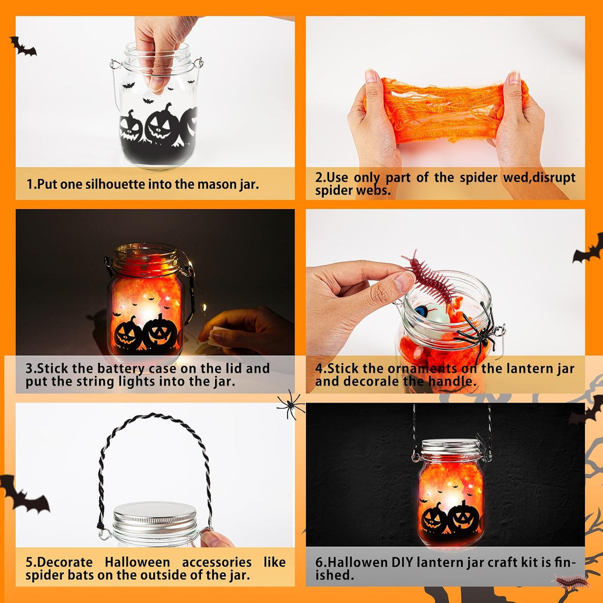 Halloween Craft Kit for Kids,8 Pcs Glass Mason Jar with Accessories for DIY Lantern Jar, Halloween Art & Craft Party Supplies, Halloween Art Activities, Crafts and Arts Party Supplies