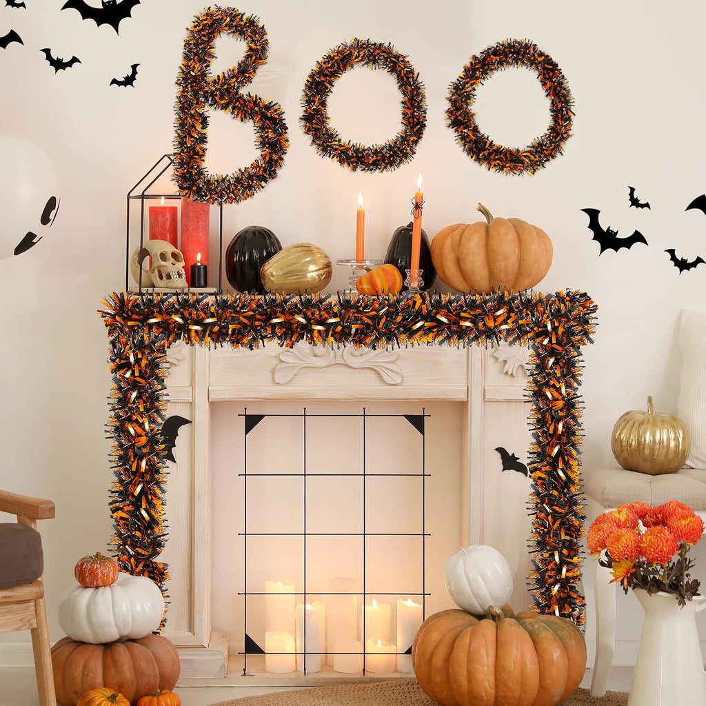 Halloween Decorations, 50FT Halloween Tinsel Garland Shiny Orange Black Metallic Twist Hanging Garland for Indoor Outdoor Home Tree Stairs Party Decorations