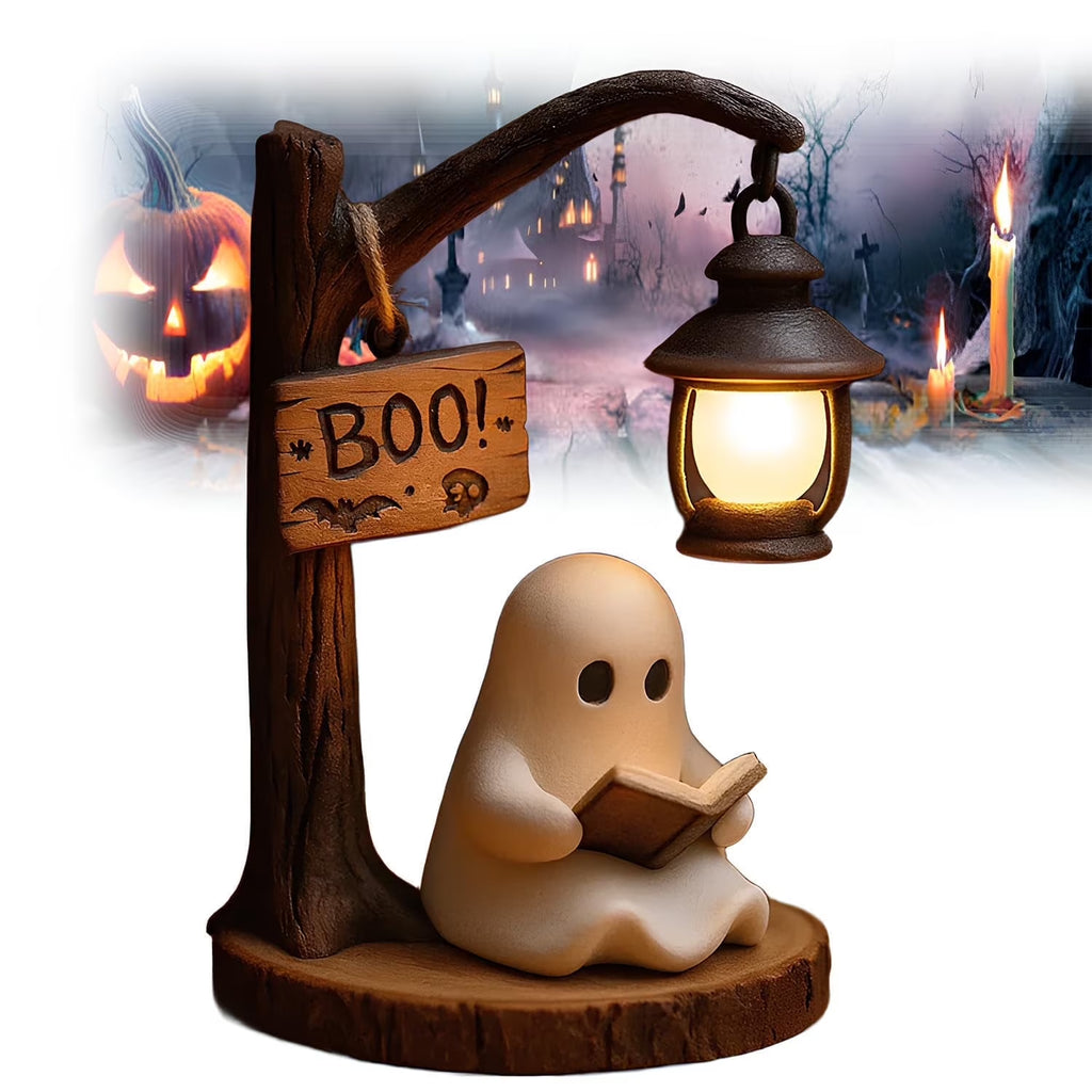 Ghost Reading Book Lamp, Cute Ghost Reading Lantern, 3D Resin Halloween Ghost Night Light Ghost Warm Light Indoor Decor Lamp Glowing Halloween Ghost Decorations for Bedroom Living Room