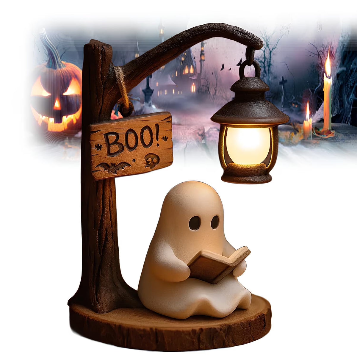 Ghost Reading Book Lamp, Cute Ghost Reading Lantern, 3D Resin Halloween Ghost Night Light Ghost Warm Light Indoor Decor Lamp Glowing Halloween Ghost Decorations for Bedroom Living Room