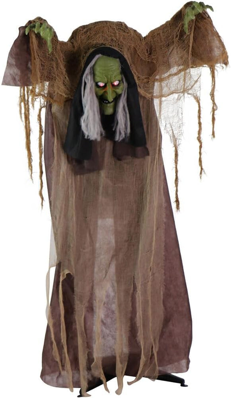 Talking Hunchback Witch, Halloween Animatronic with Movement and Lights for Battery Operated Scary Indoor or Covered Outdoor Halloween Decorations, Creepy Halloween Prop