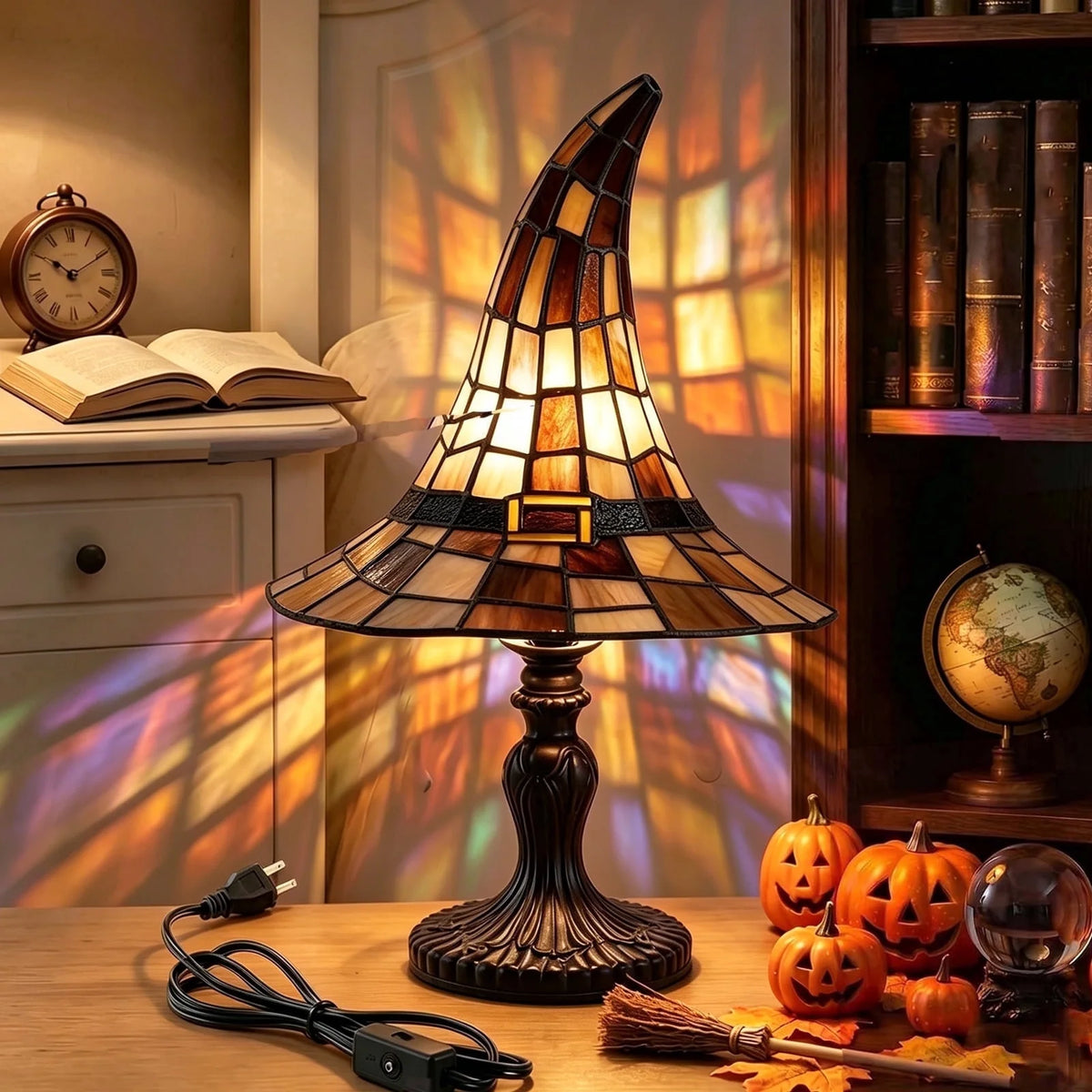 Clearance Witch Hat Lamp Halloween Decorations under 20 Gifts Stained Glass like Gothic Lamp Gothic Home Decor Accent Bedroom Bookshelf Mystical Gifts Glow Dark Figurine Ambiance