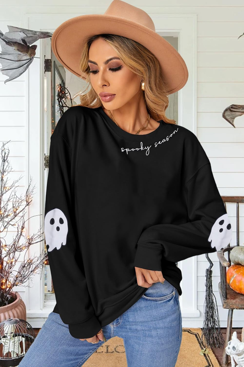Spooky Season Sweatshirts Halloween Ghost Sweatshirt Women - Halloween Graphic Crewneck Tops Casual Sweater