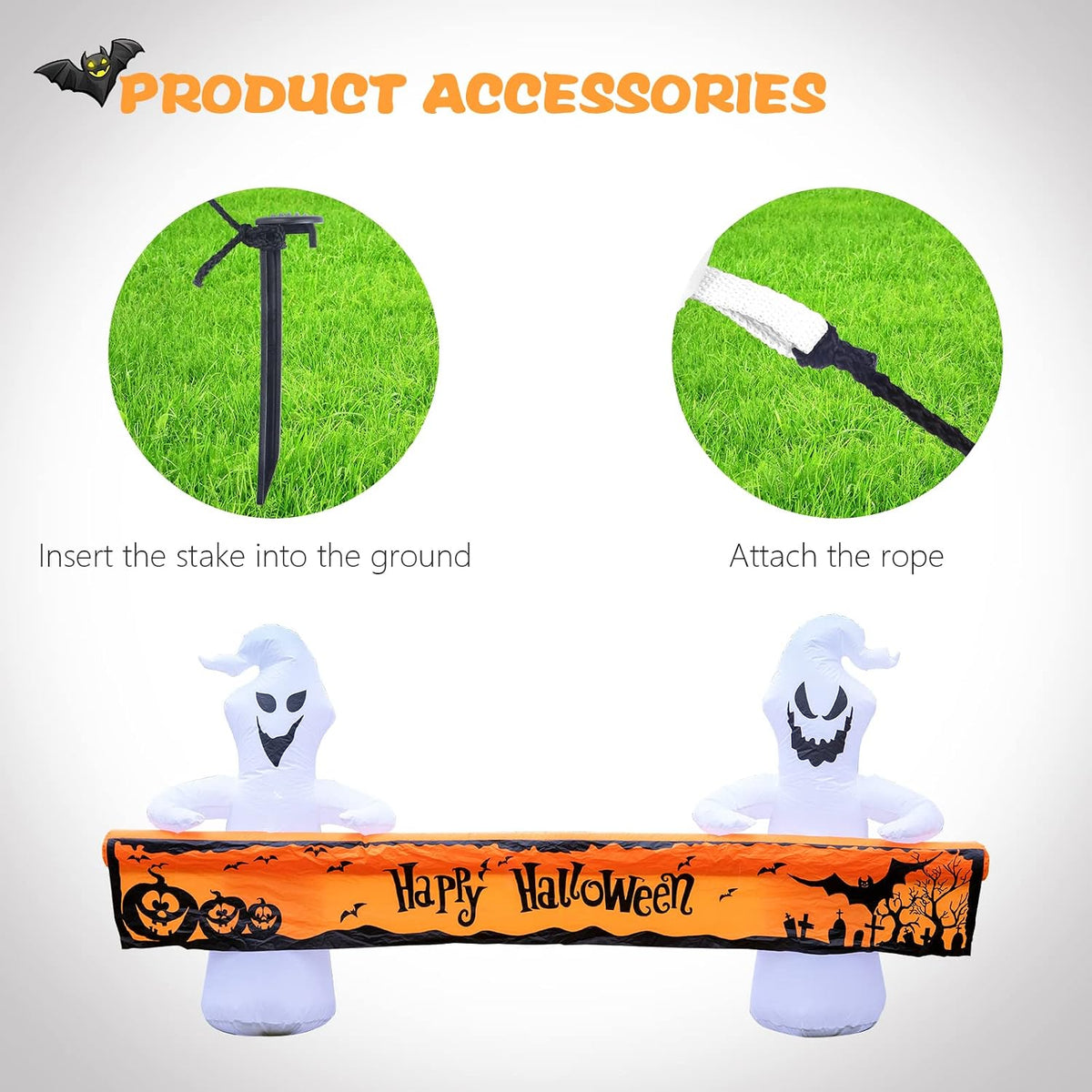 8 Ft Long Inflatable Outdoor Halloween Decoration, Inflatables Ghost with Happy Halloween Decorations Blow up with Built-In LED Lights for Yard Party Holiday Garden Decor