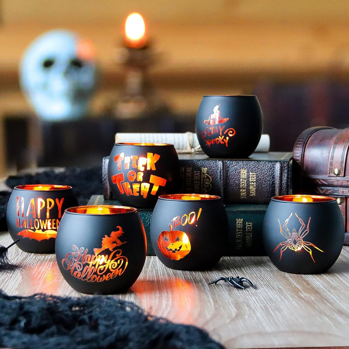 Halloween Candle Holders 6 Pieces Black Glass Votive Candle Holder for Halloween Wedding, Party, Table Centerpiece Décor Halloween Decorations Indoor and Outdoor