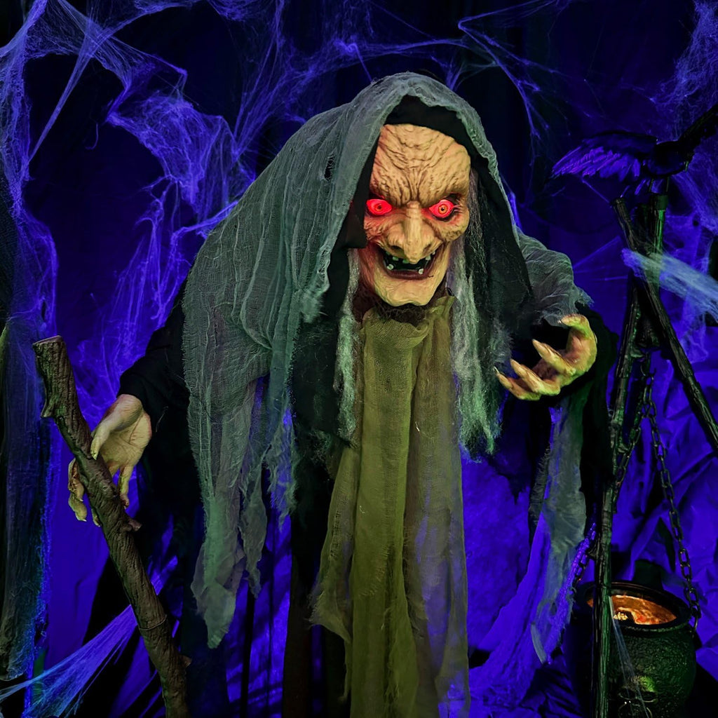 Life-Size Scary Poseable Talking Witch, Halloween Animatronic with Touch Activated Lights and Sound, Battery Operated Indoor or Covered Outdoor Halloween Decorations, Halloween Prop