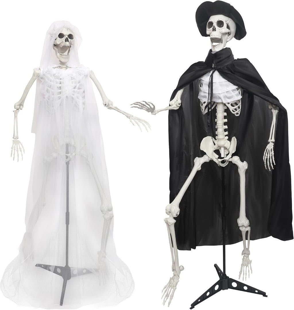 2Pack 5.4Ft Halloween Skeletons Bride and Groom with Stand Life Size Skeletons Full Body Plastic Human Bones for Halloween Decorations