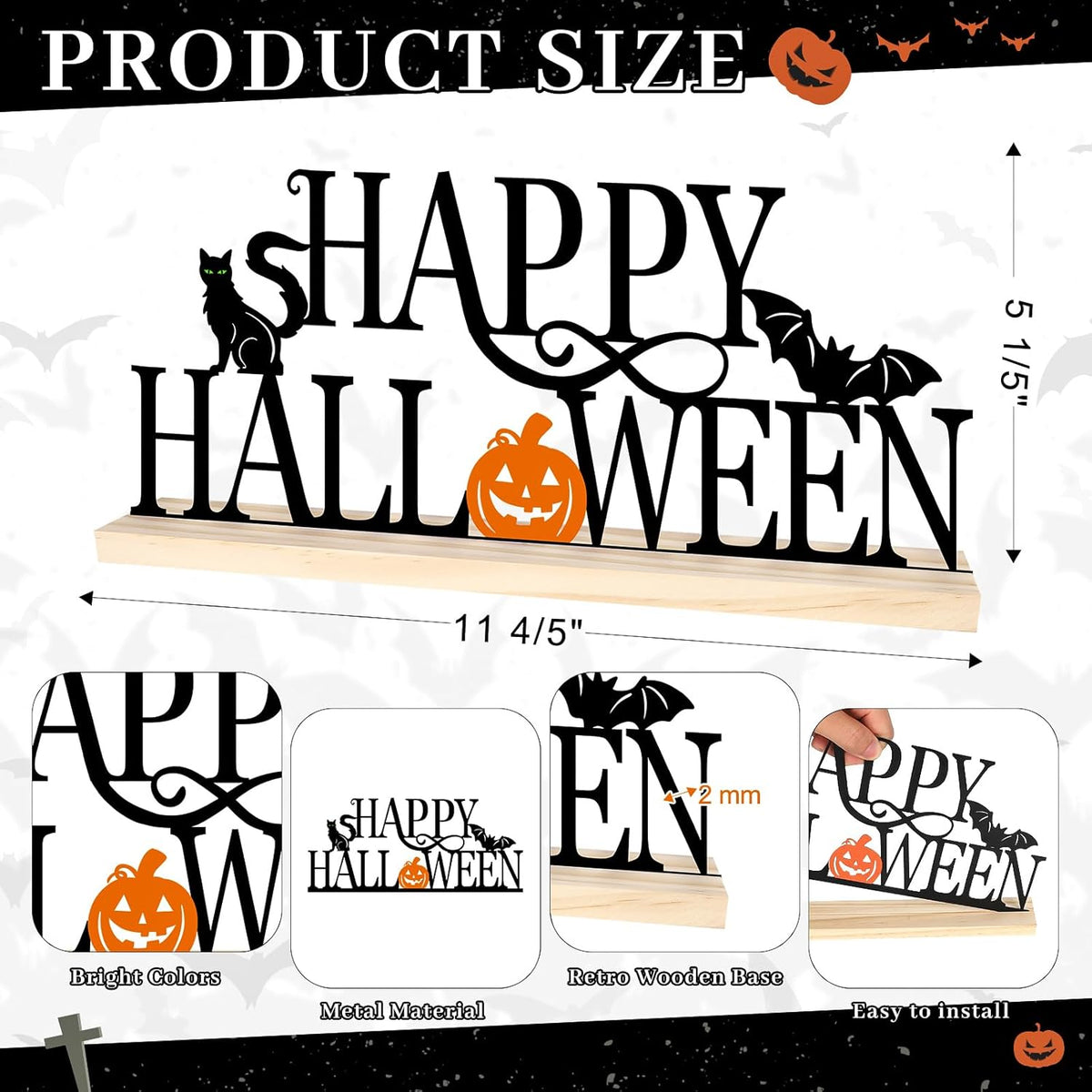 Metal Happy Halloween Sign, Black Halloween Decorations for Home, Office, Shelf, Mantel, Indoor, Jack-O-Lantern Decoration, Spooky Cat Bat Decor (Halloween)