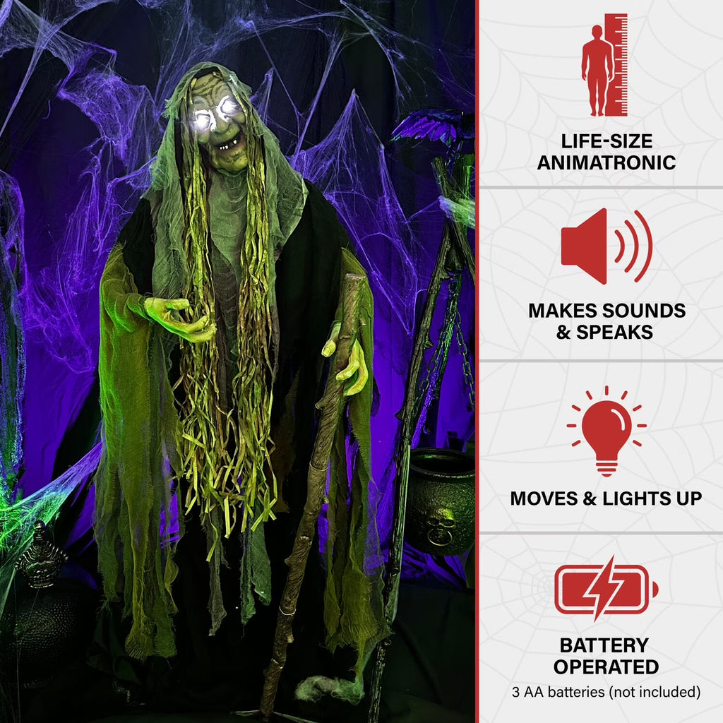 Life Size 5.6 Ft Animatronic Witch, Indoor/Outdoor Halloween Decoration