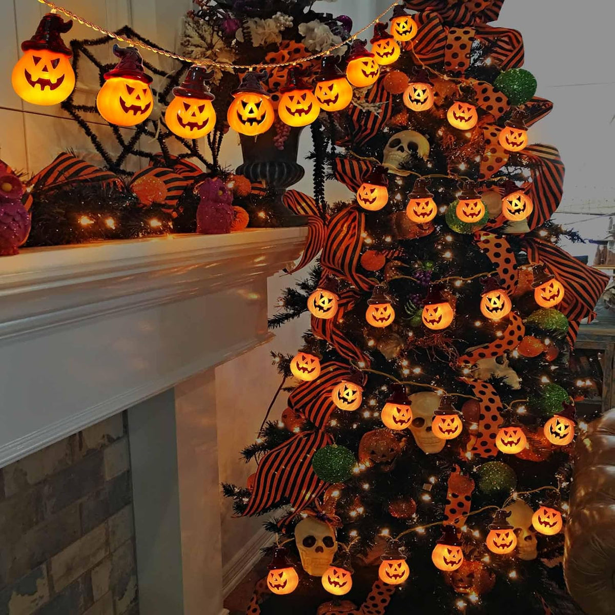 Battery Operated Pumpkin Lights for Halloween Decorations Indoor, Jack-O-Lantern String Lights for Halloween Party Front Door Porch Fireplace Camper Golf Cart Parade Garland Wreath Decor