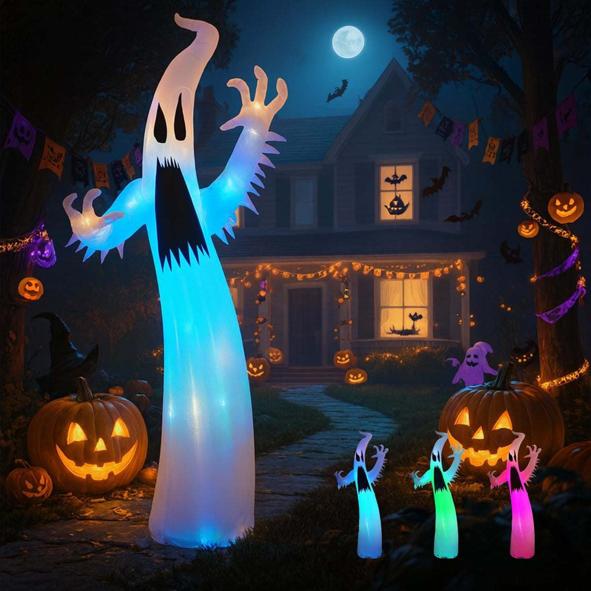 12FT Halloween Inflatables Ghost Decorations: Scary Giant Inflatable Ghost Outdoor Decoration with RGB LED Blow up Decor for Garden/Home/Holiday/Party/Yard/Lawn