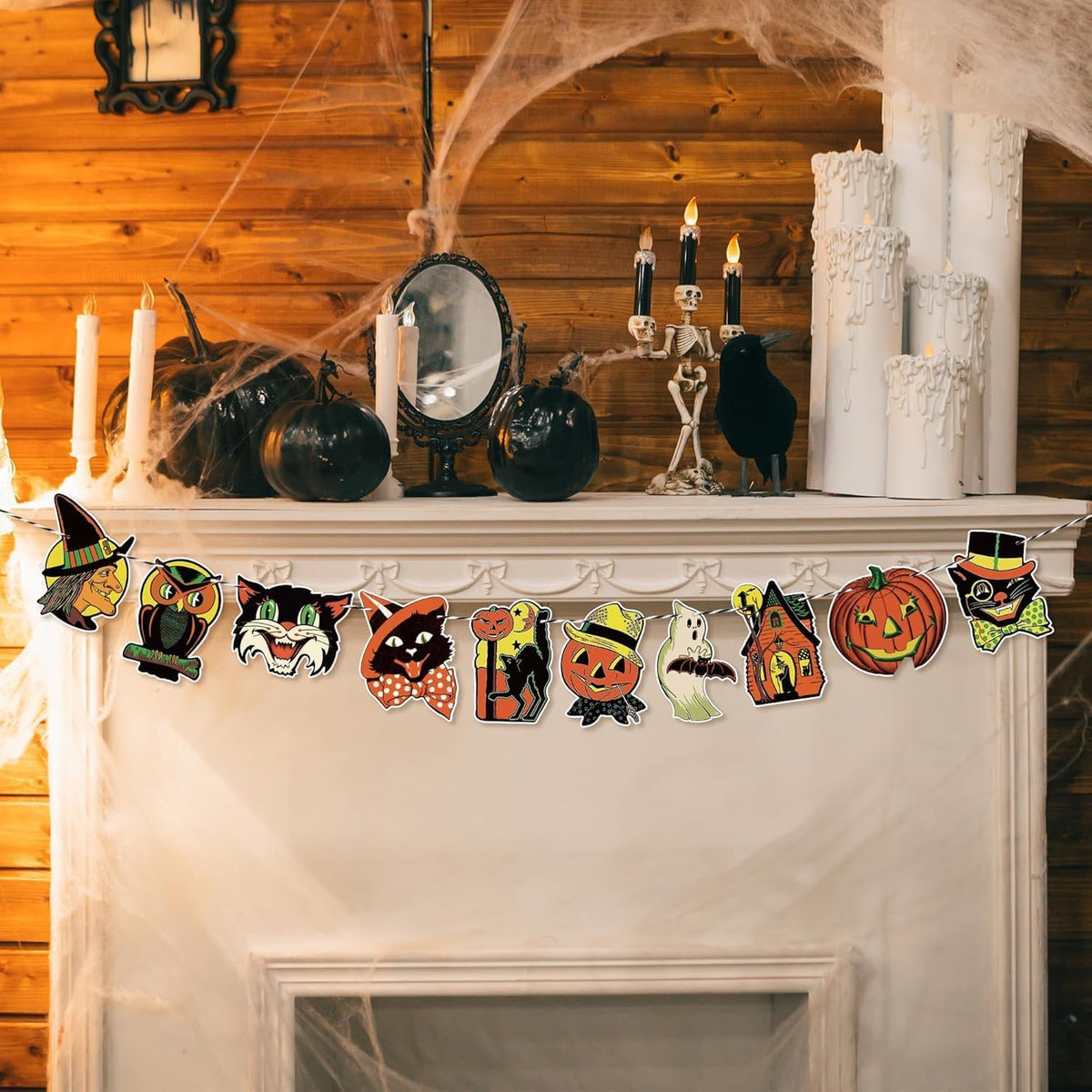 Vintage Halloween Hanging Banner, Retro Halloween Home Decoration | Pre-Strung, Pumpkin Witch Ghost Cat Patterns, Wall Bunting Garland Card Banner, Cartoon Halloween Party Favor, Photo Supplies