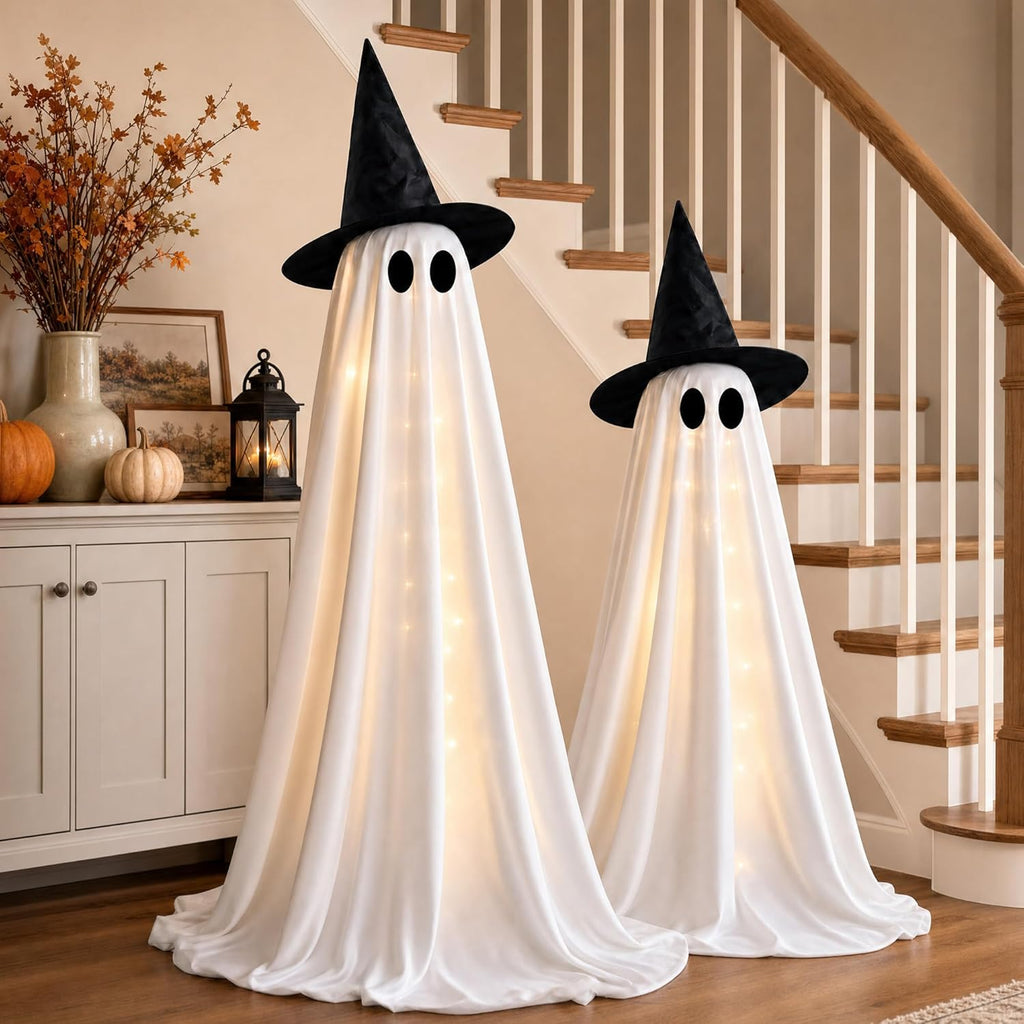 Halloween Decorations Indoor - 2 Pack Light up Ghosts Easy to Assemble Adjustable Height Spooky Halloween Party Decorations for Porch Yard Mantel Home