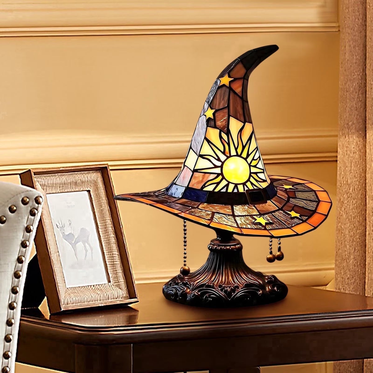 Clearance Witch Hat Lamp Halloween Decorations under 20 Gifts Stained Glass like Gothic Lamp Gothic Home Decor Accent Bedroom Bookshelf Mystical Gifts Glow Dark Figurine Ambiance
