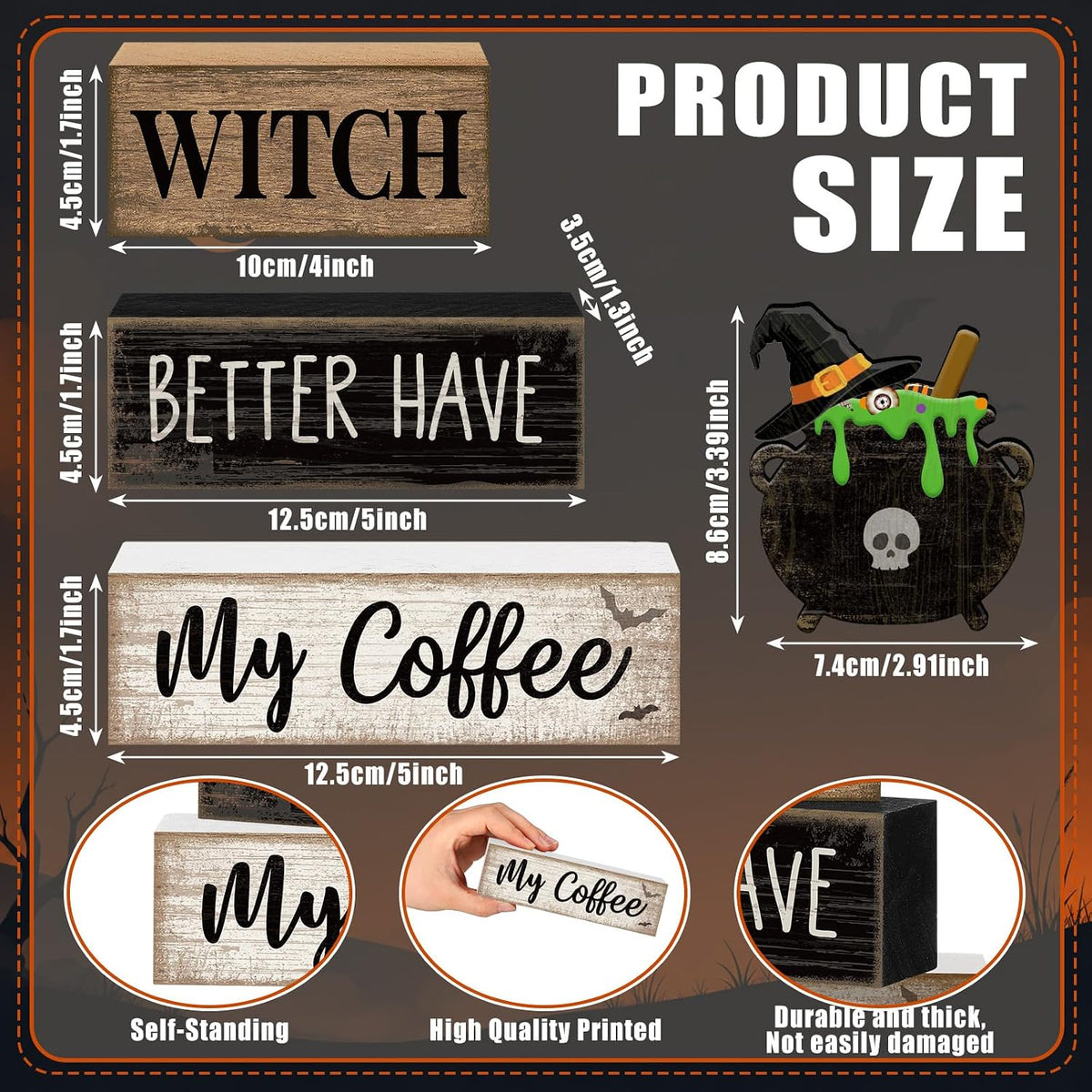 4 Pcs Halloween Table Decoration Witch Coffee Wooden Stacked Block Decor, "Witch Better Have My Coffee" Sign with Cauldron Topper, Gothic Halloween Tiered Tray Decor for Home Kitchen Bar