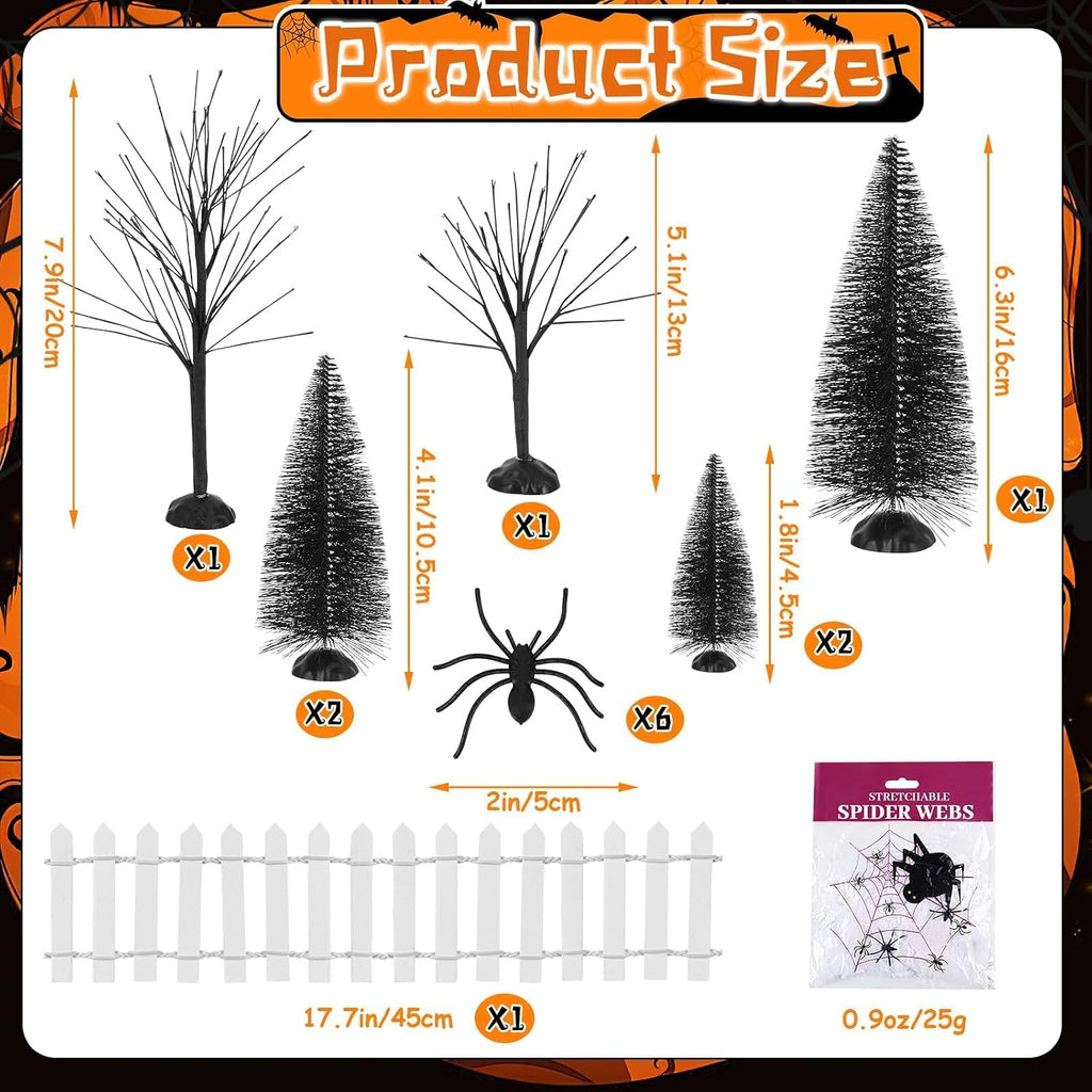 30 Pcs Halloween Village Ornaments Accessories Set, Halloween Haunted Houses Black Trees Mini Pumpkins Black Cat Crows Coffin Fake Bones Skeletons for Town Party Table Decorations