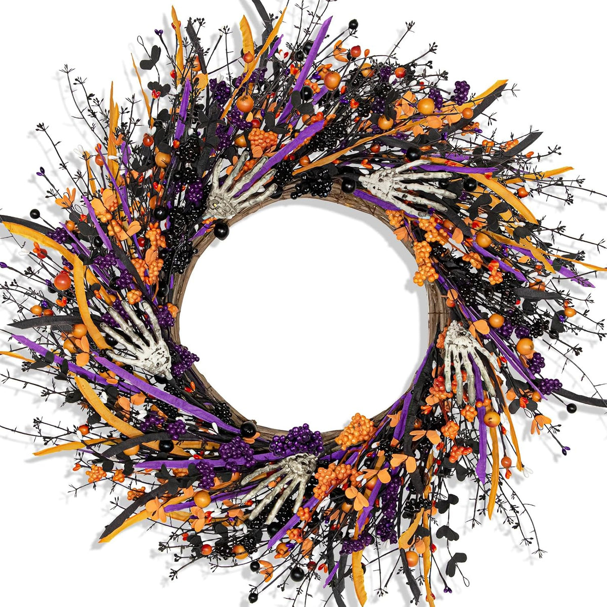 Halloween Wreaths for Front Door 22 Inch Skeleton Black Wreath Handmade Halloween Door Wreath with Purple and Orange Berries for Gothic Decorations