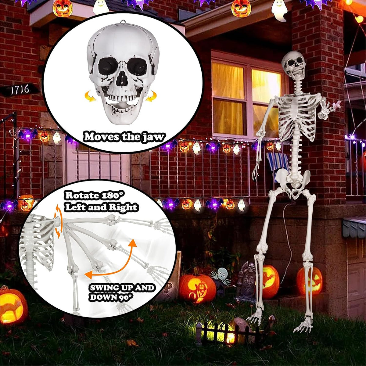 Halloween Giant Skeleton, Large Realistic Full Body Skeleton with Movable Joints for Halloween Party Haunted House Indoor Outdoor Decoration (7.8Ft-1P)