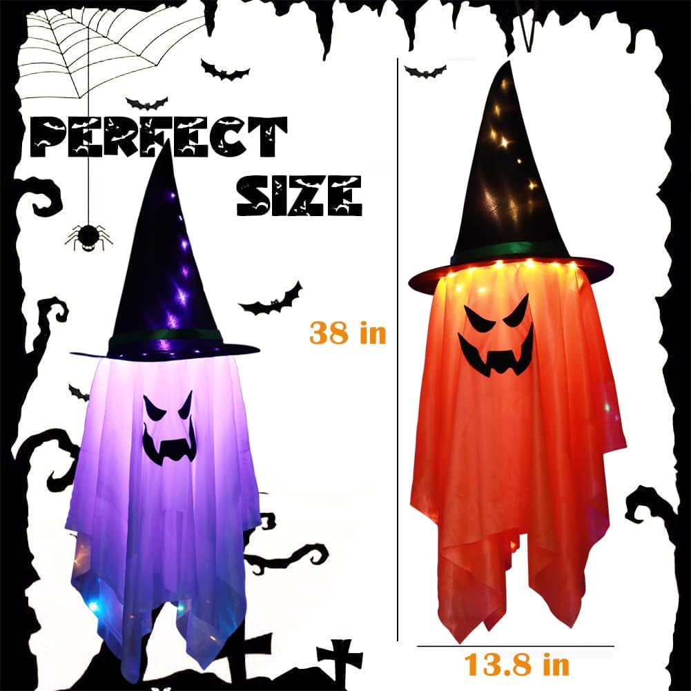 Halloween Decoration 2 Pcs Large Halloween Lighted Glowing Ghost Witch Hats, Hanging Ghost Ornaments for Indoor Outdoor Home, Garden, Tree, Yard Party Decor